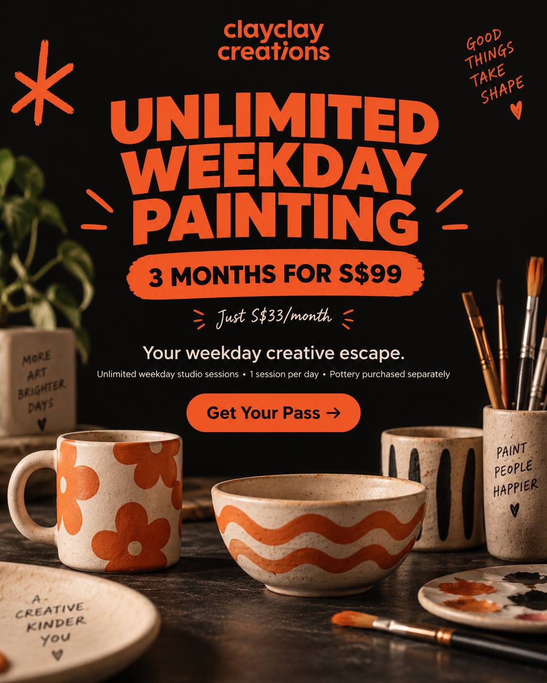 3 Months of Unlimited Weekday Painting - Clay Clay Pottery